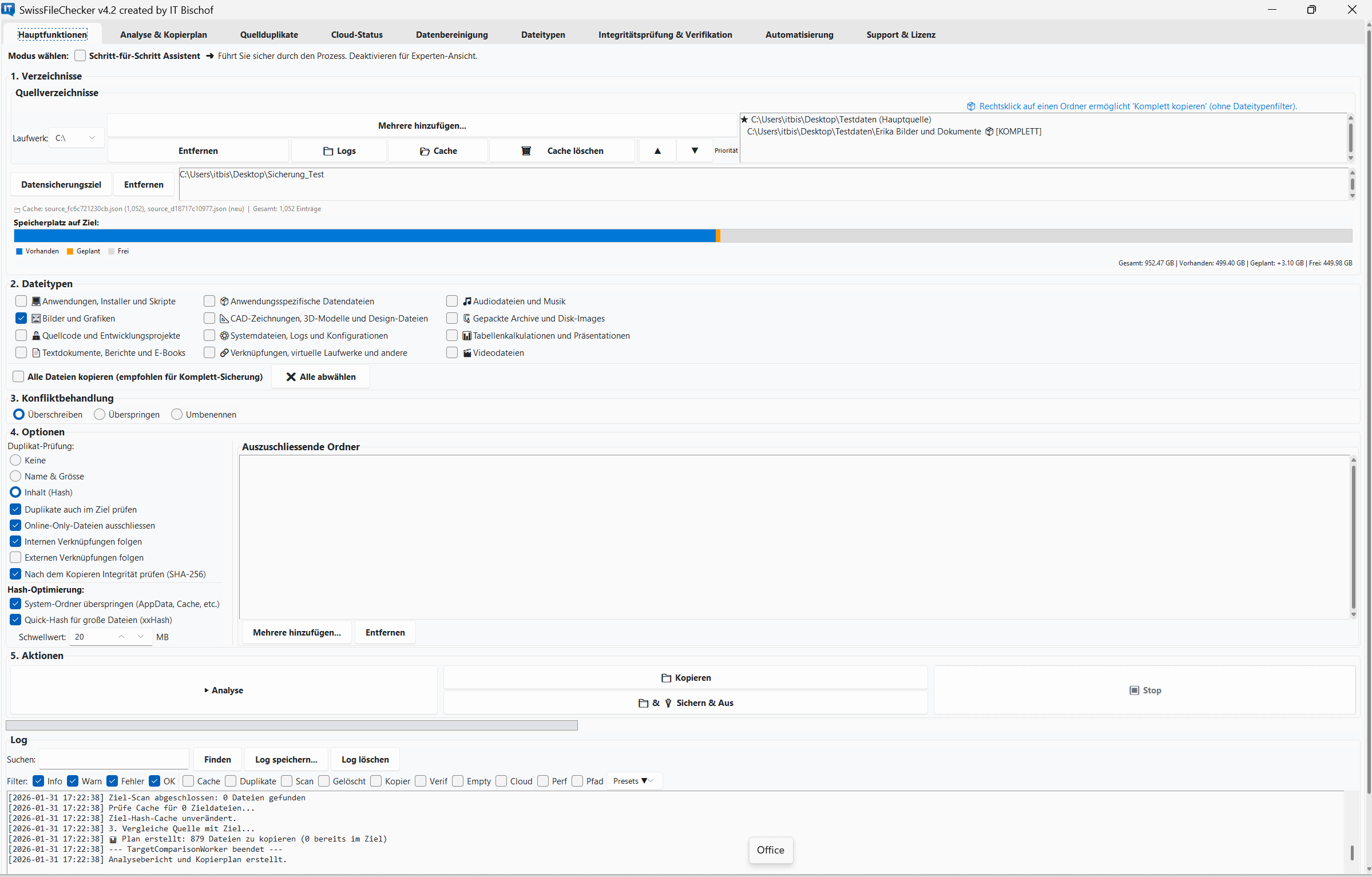 SwissFileChecker Hauptansicht – Quell- und Zielordner wählen